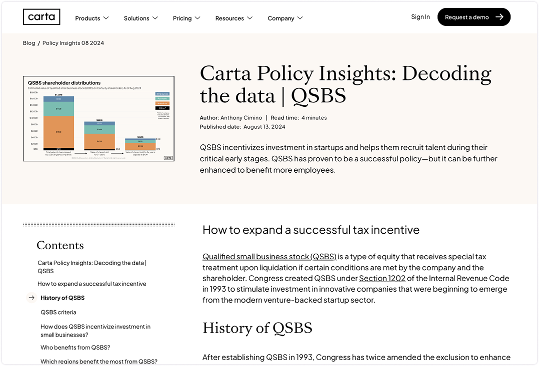 Carta QSBS offering website